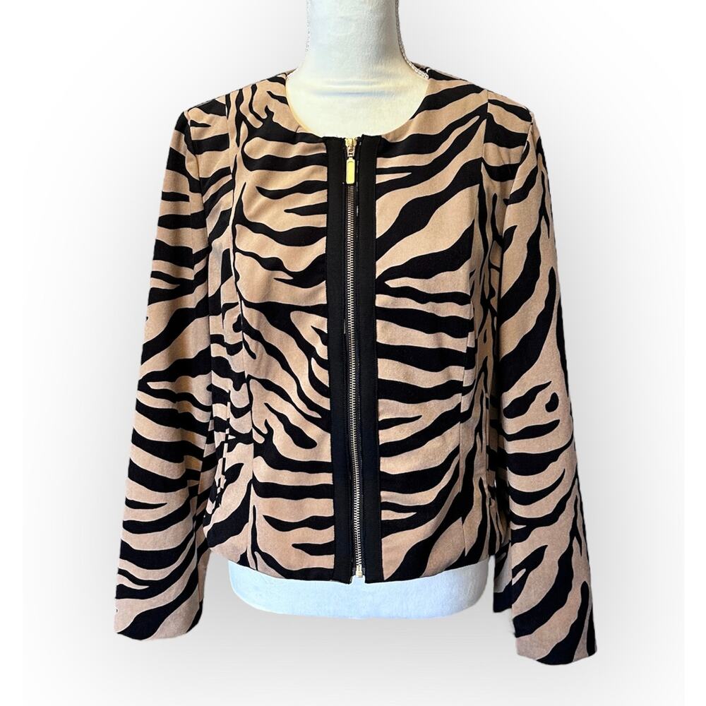 Chico's Zebra Print Jacket Size 1 (Medium) Suede-Feel Brown Black Zip Closure